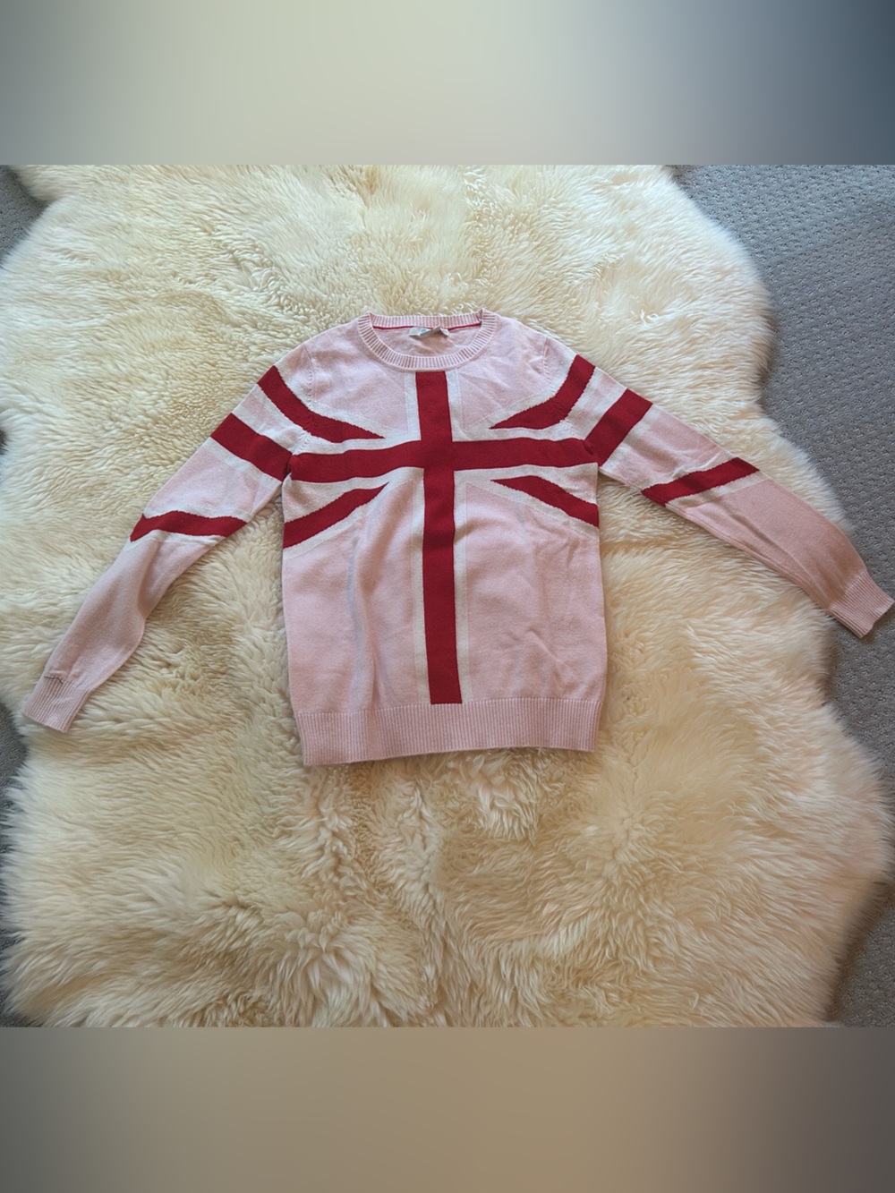 Boden Pink Sweater with Red Stripe Cross Detail (UK flag)